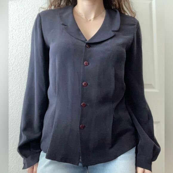 Vintage Dana Buchman Black Silk Button Down Blouse Longsleeve Peter Pan Collar 8 - Picture 1 of 5